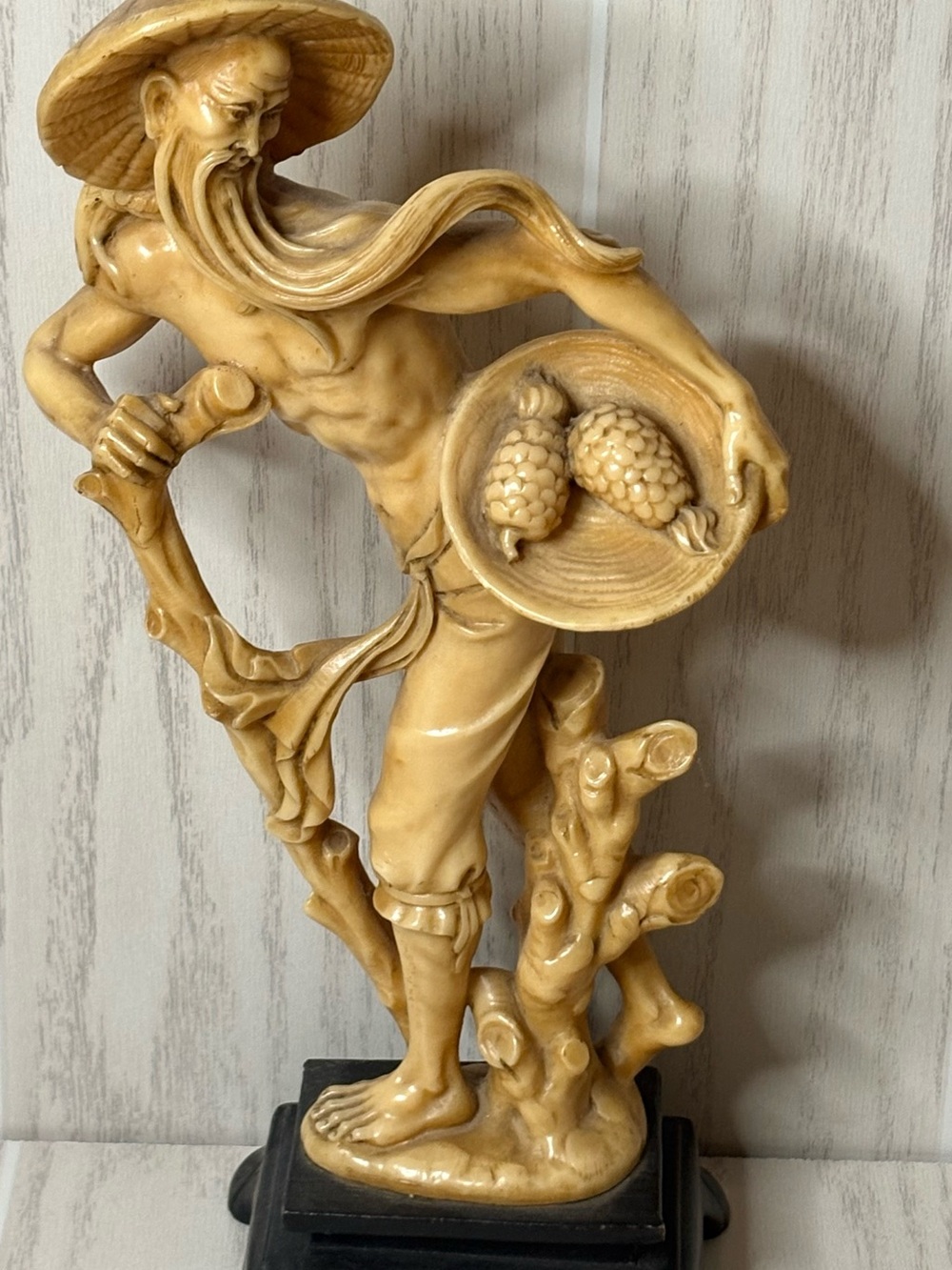 Vintage Resin Fisherman Statue in Warm Beige Hand Carved